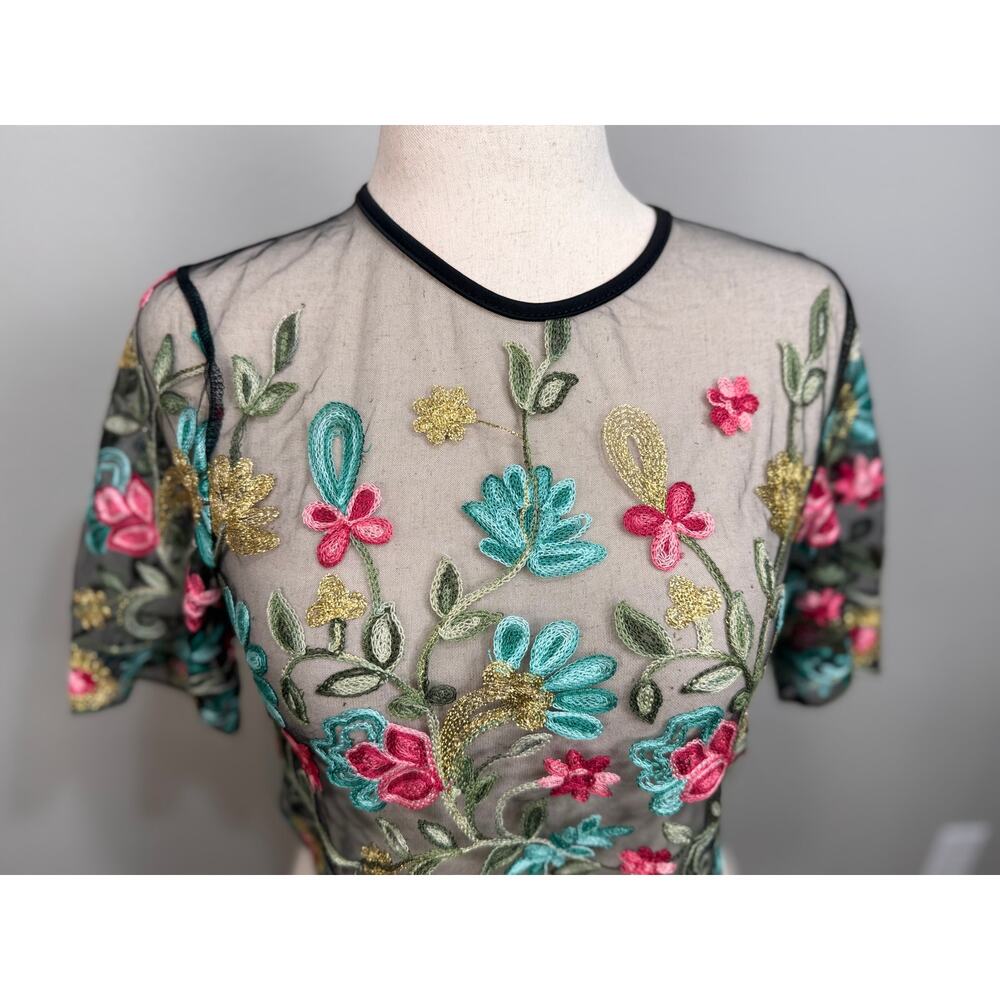 Rebellion embroidered sheer mesh crop top black floral velvet trim Sz M NWT - Picture 2 of 12